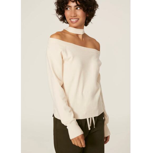 525 Sweater Womens Medium Cream Choker Cutout Halter Neck Knit Off Shoulder - Picture 5 of 12